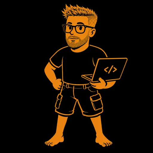 sean, in shorts, holding a laptop